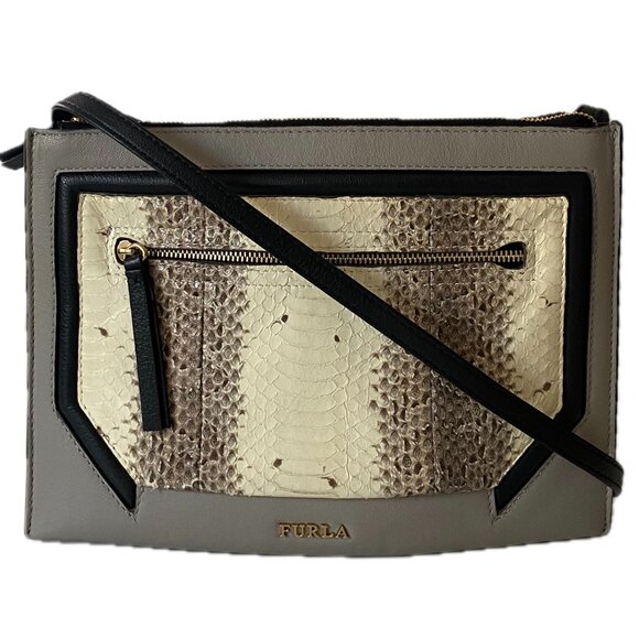 Furla Snakeskin Leather Crossbody Shoulder Bag Gray Cream Charcoal Zipper EUC - Picture 2 of 14